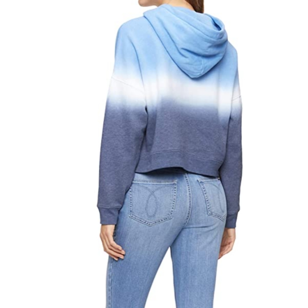 NEW Hoodie CK Jeans Crop Top Calvin Klein Ombre Blue Color Block Pullovr Women L - Picture 5 of 7